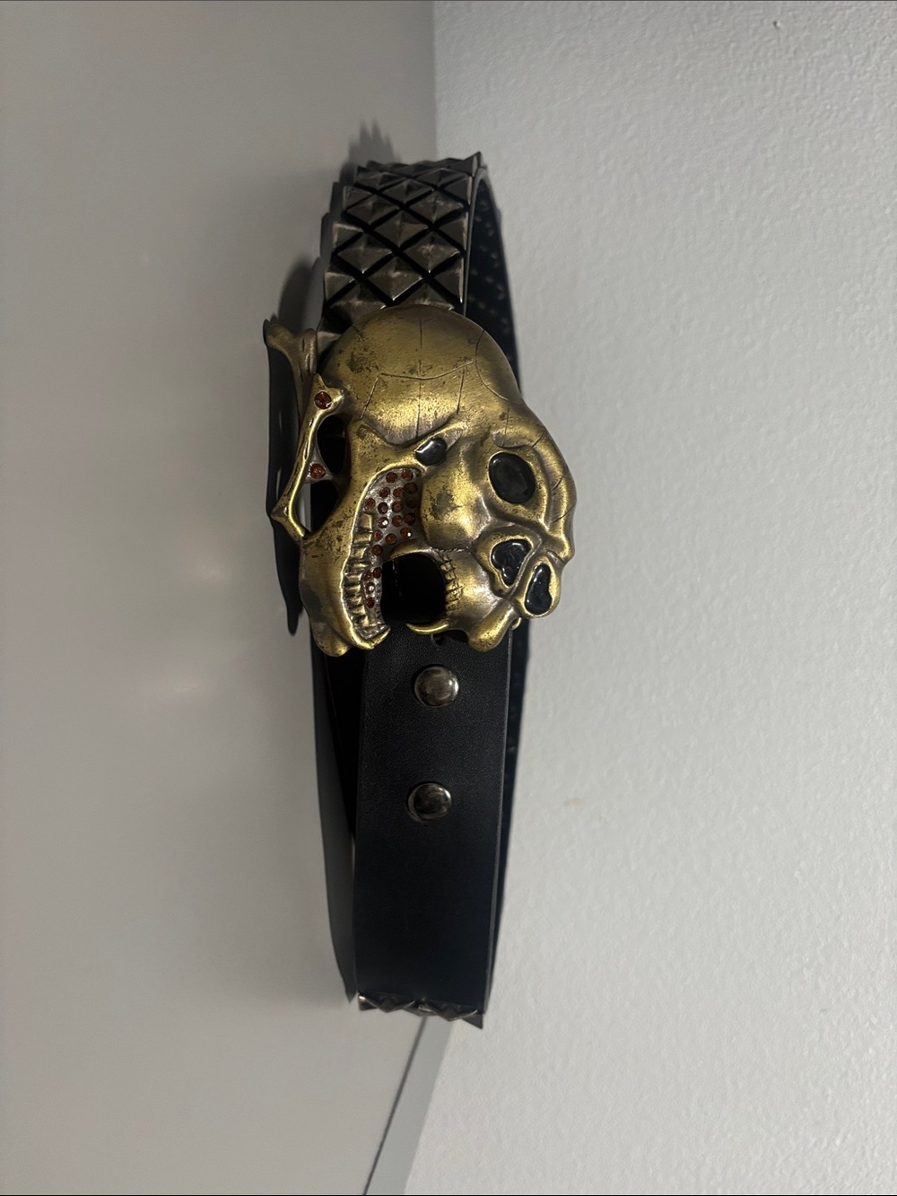Gold Skull Buckle Black Leather Studded Belt